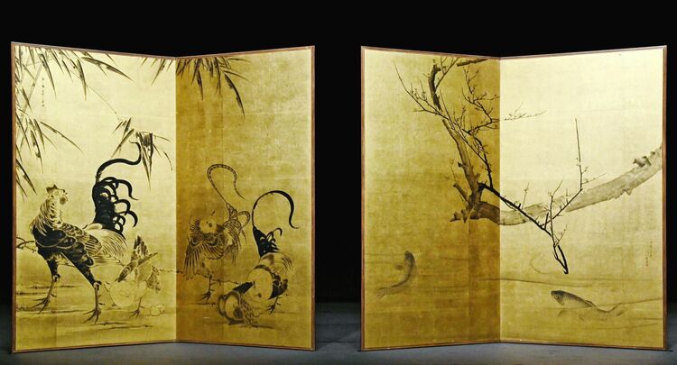 若冲と応挙が合作した金屛風が新発見「鶏」「鯉」左右に描く 北岡技芳