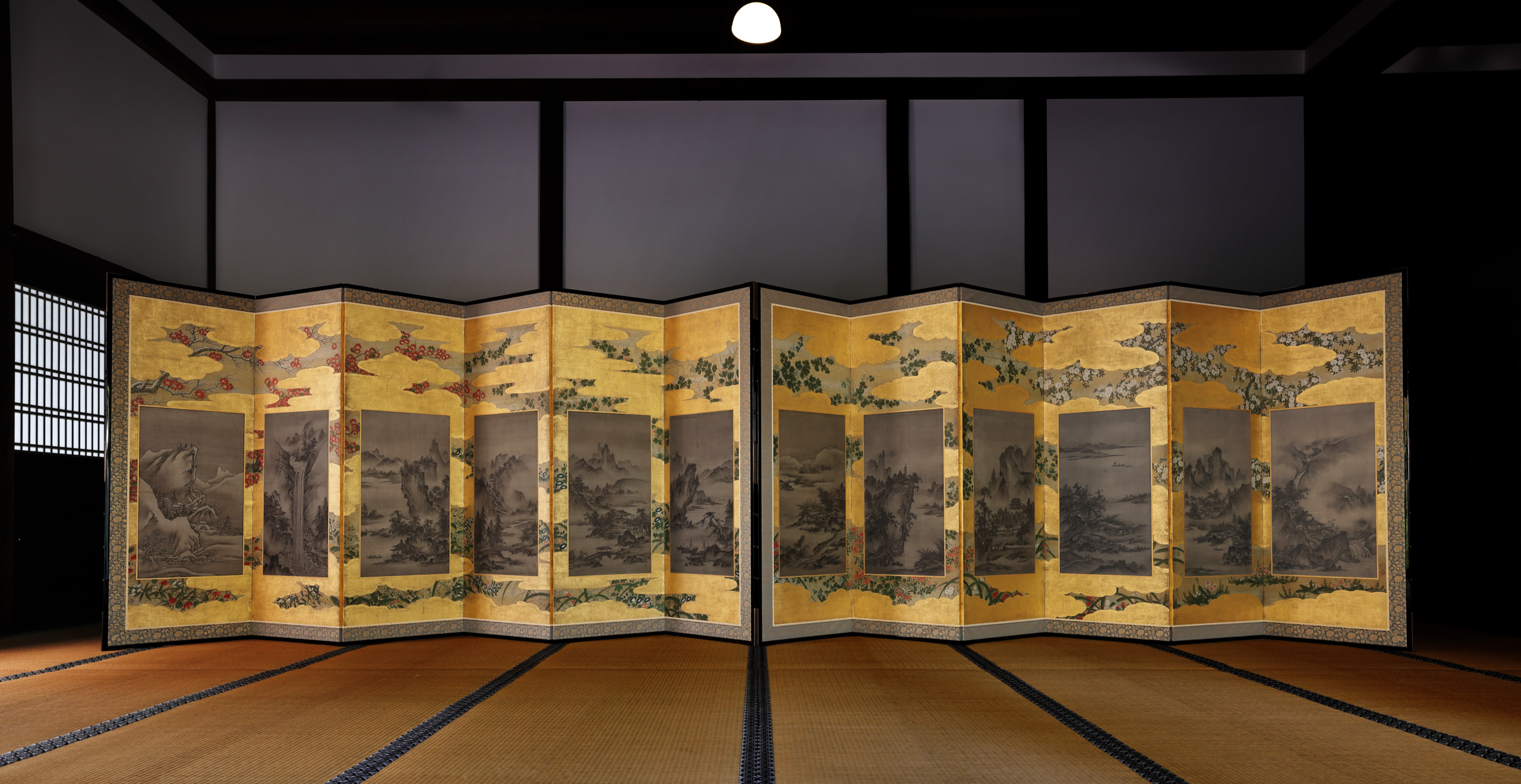 四季花木草花下絵山水図押絵貼屏風｜作品紹介｜キヤノン 綴