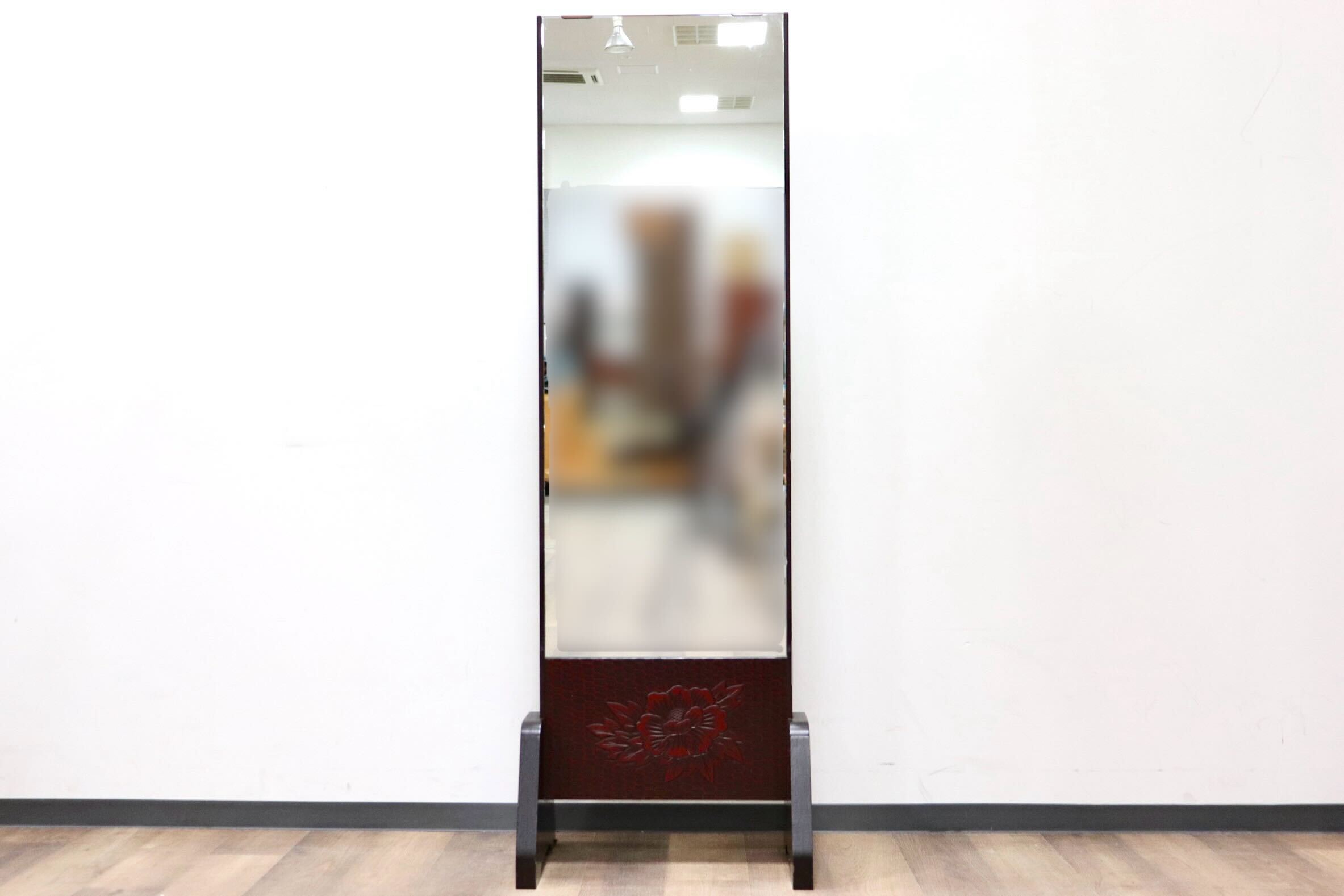 GMGF106○鎌倉彫 スタンドミラー 鏡 姿見 全身鏡 木製 彫刻 漆塗り