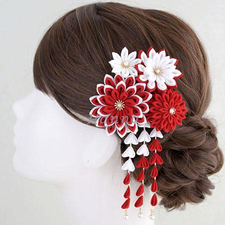 つまみ細工 アレンジ髪飾り:剣つまみ細工の花衣【紅白モダン】成人式