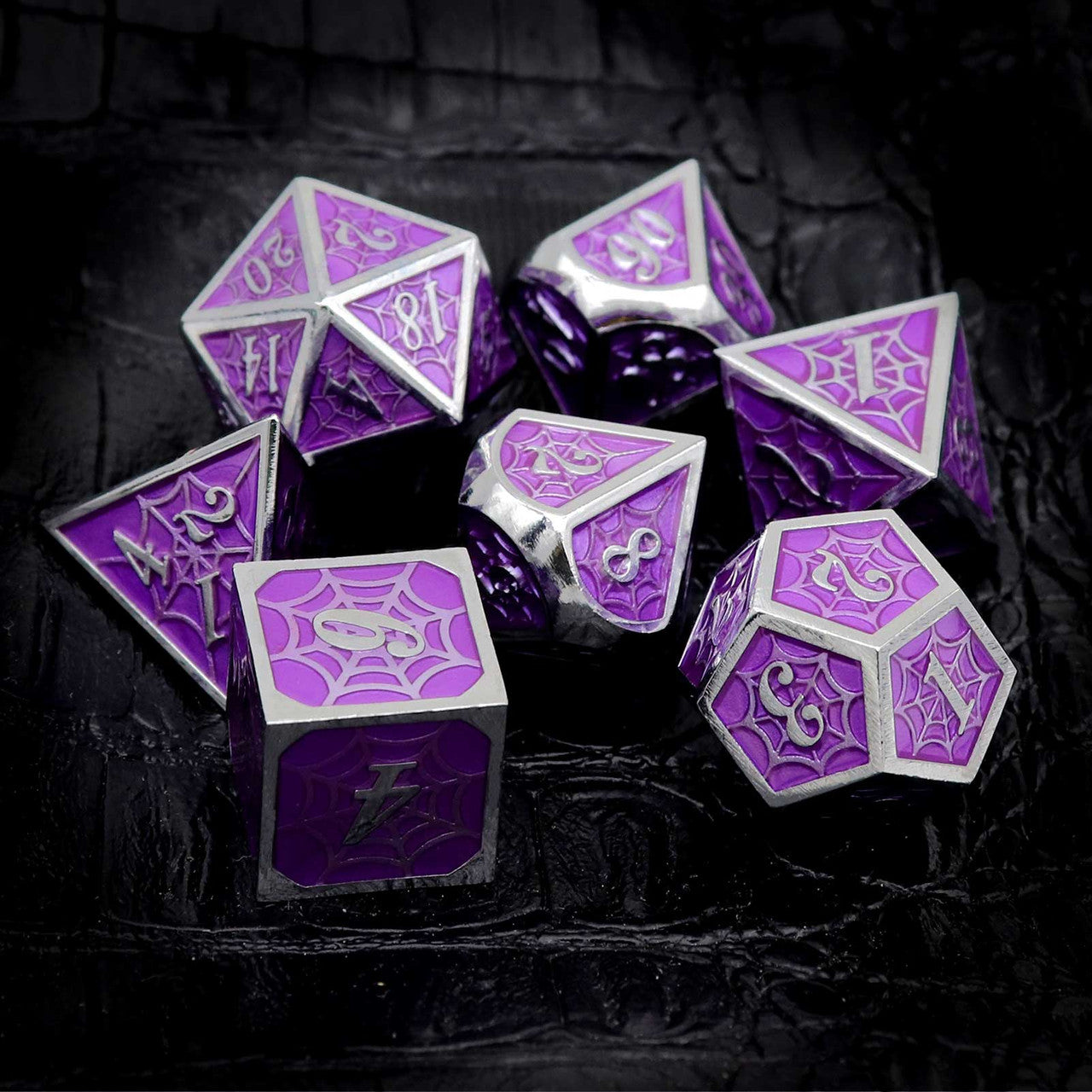 Haxtec Sliver Purple Metal DND Dice Set With Spider Web Pattern