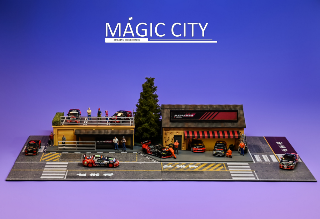 Magic City 1:64 Diorama ADVAN Tuner Shop & Bus Stop 110076