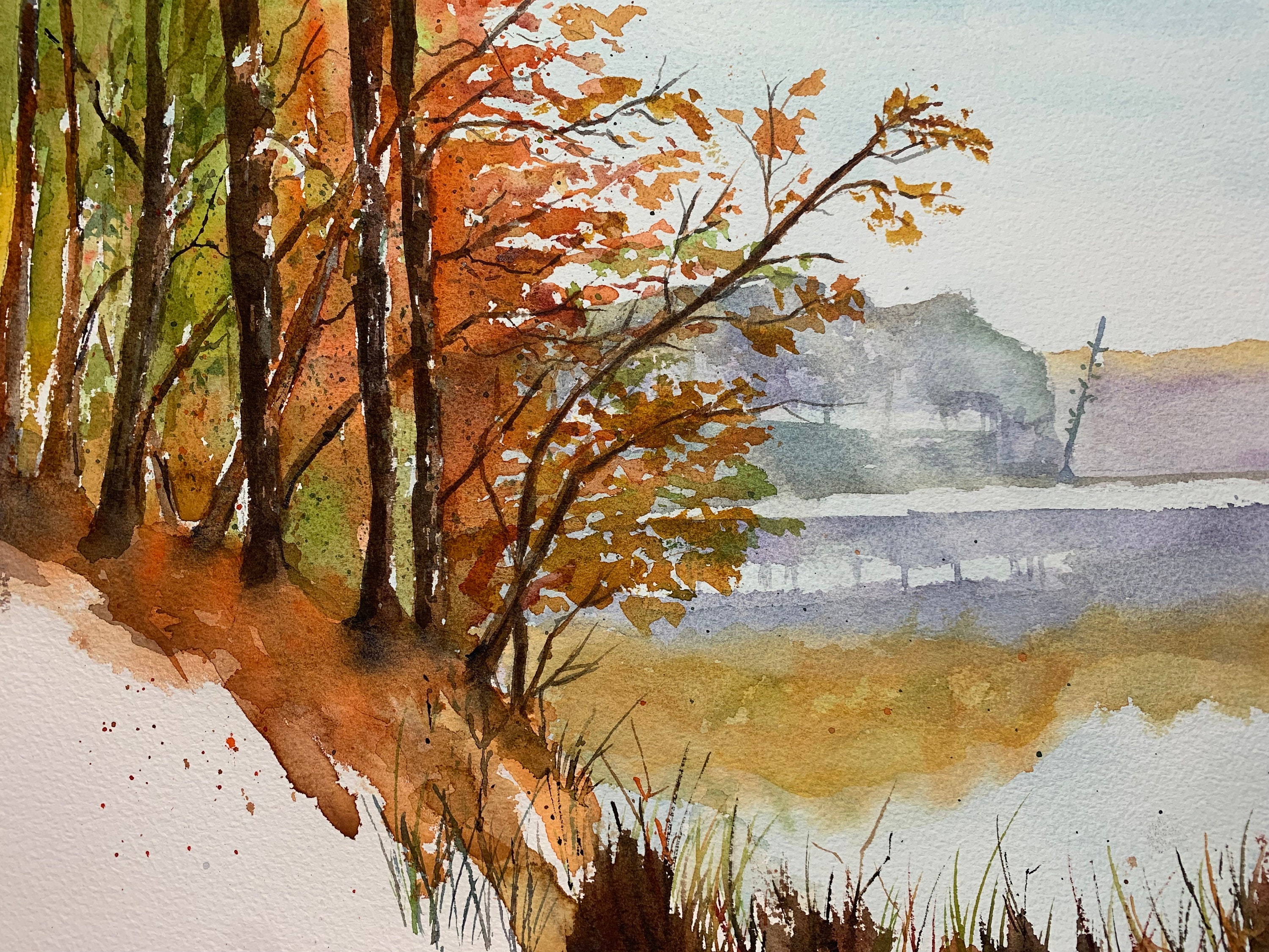 水彩画の秋の風景画、秋の風景画 - Etsy 日本