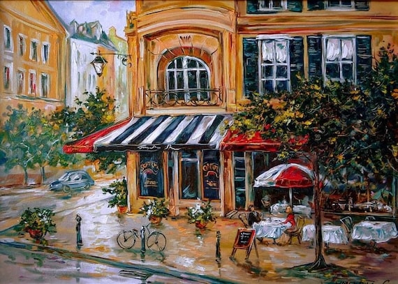 フランス パリ カフェ 街並みの風景 手書き油絵 額縁付き フランスの