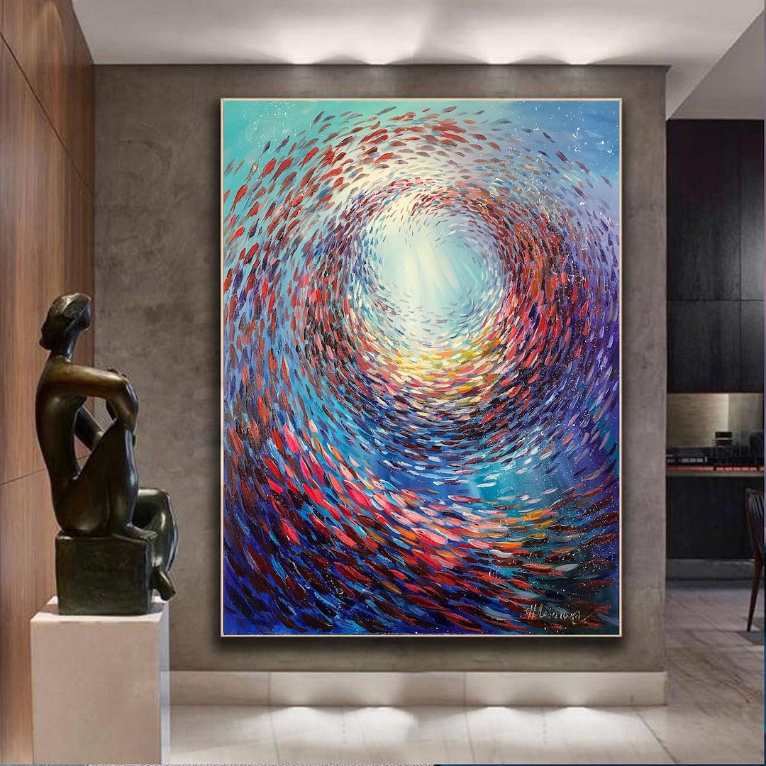 大きな魚の群れを描いた油絵、手描きのインパスト海洋アート - Etsy 日本