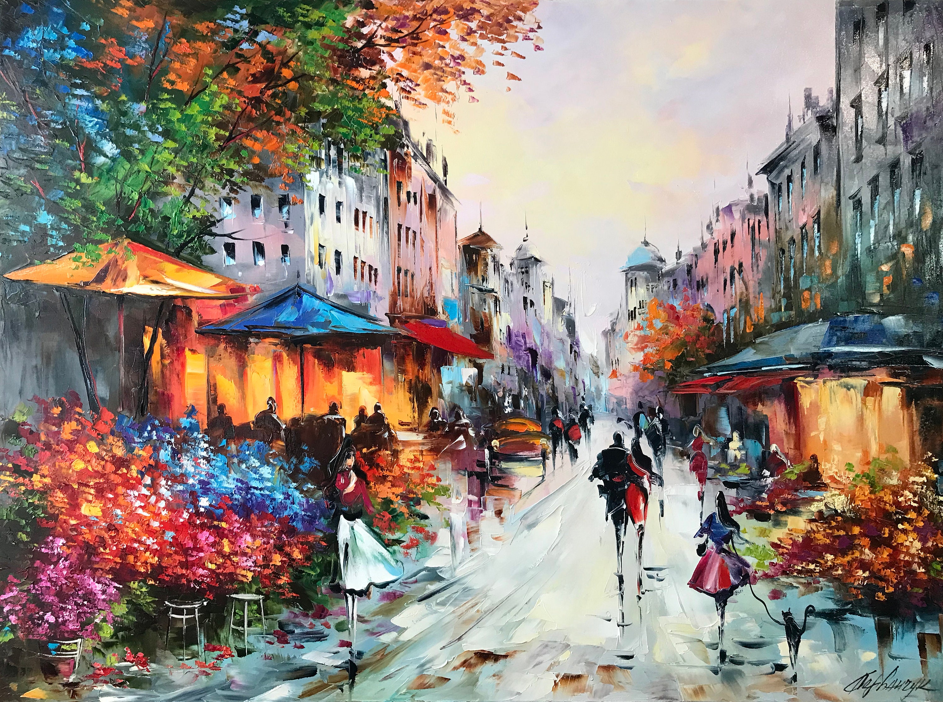フランスの街並みの油絵 パリのオリジナルストリートペインティング