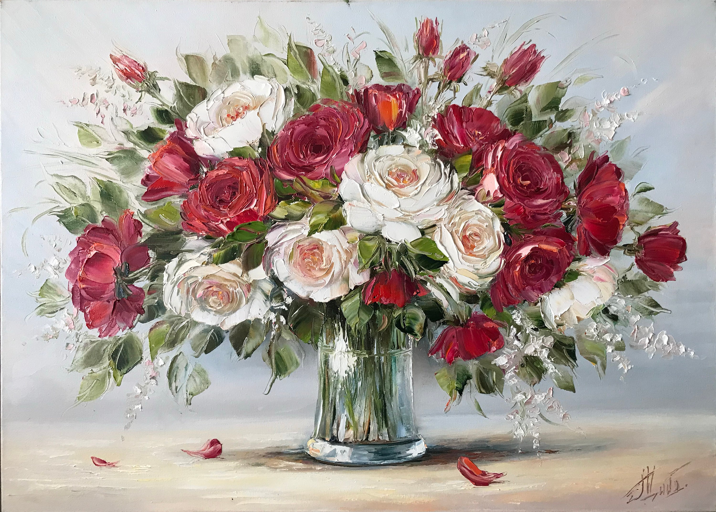 赤いバラの油絵、花瓶の中のオリジナルの花の絵画、クラシックな壁