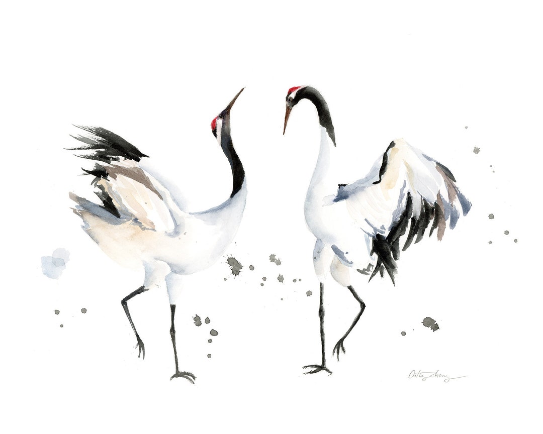 日本の鶴の水彩画アートプリント：モダンな鳥の水彩画 / ミニマリスト