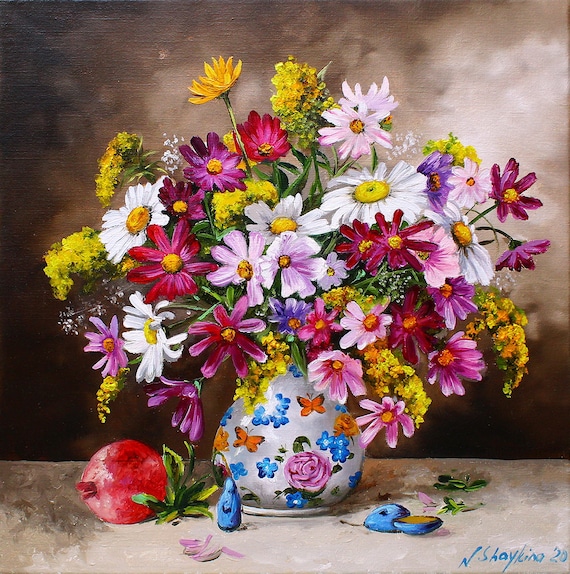 Wildflower Bouquet Original Oil Painting, Cosmos Flower Still Life