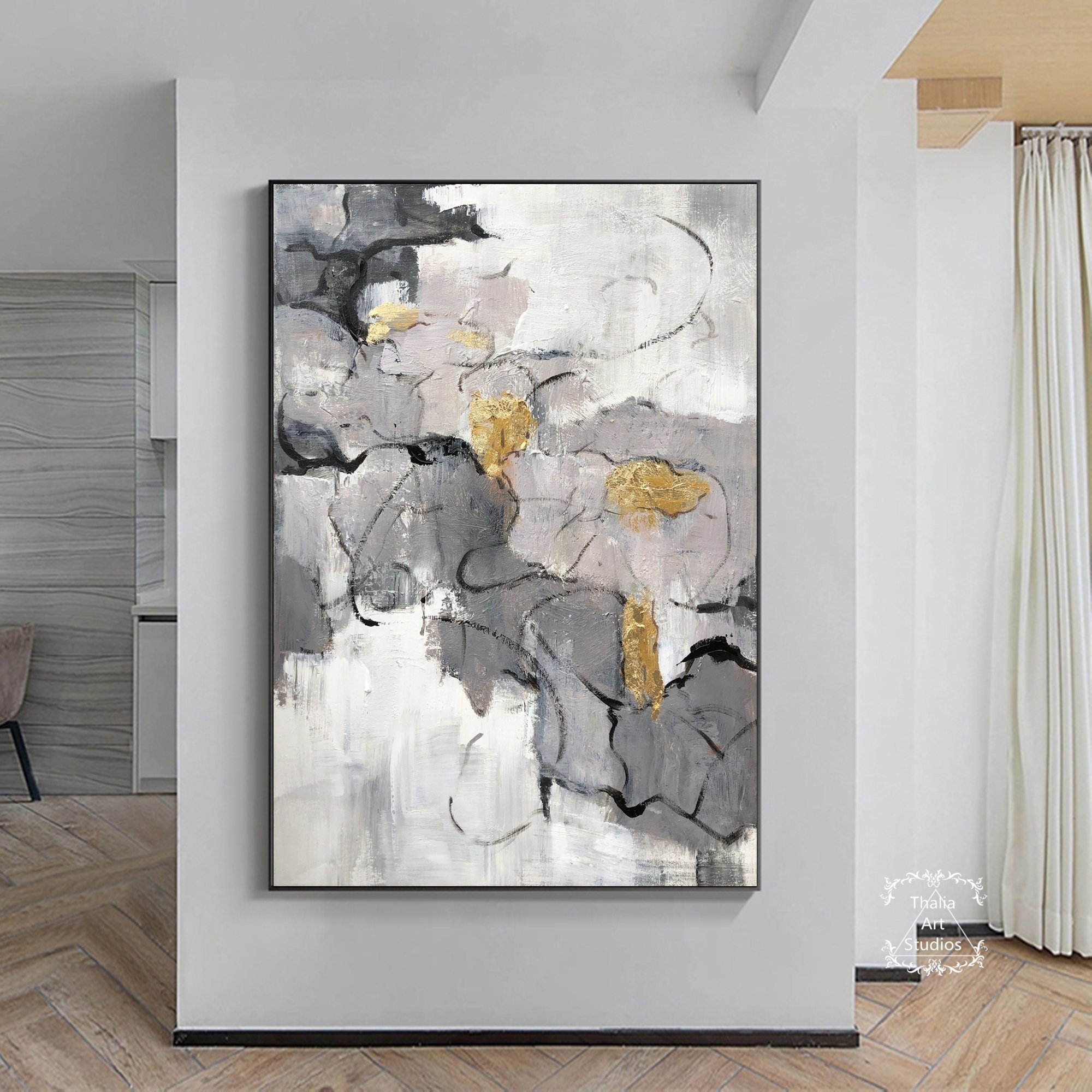 大きなグレーと白の壁アート グレーのテクスチャー絵画 ゴールドの抽象