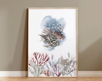 ミノカサゴの水彩画アートプリント：海の魚のイラストの壁飾り - Etsy 日本