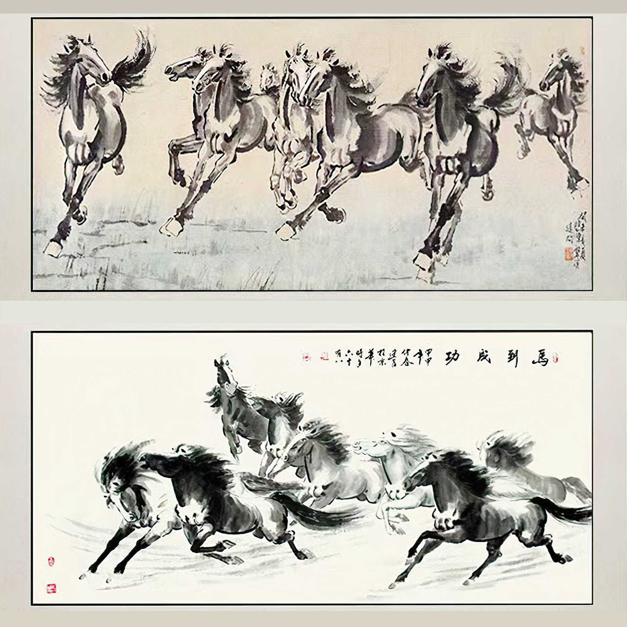 走る馬の水墨画：大きな白黒の風水壁アート - Etsy 日本