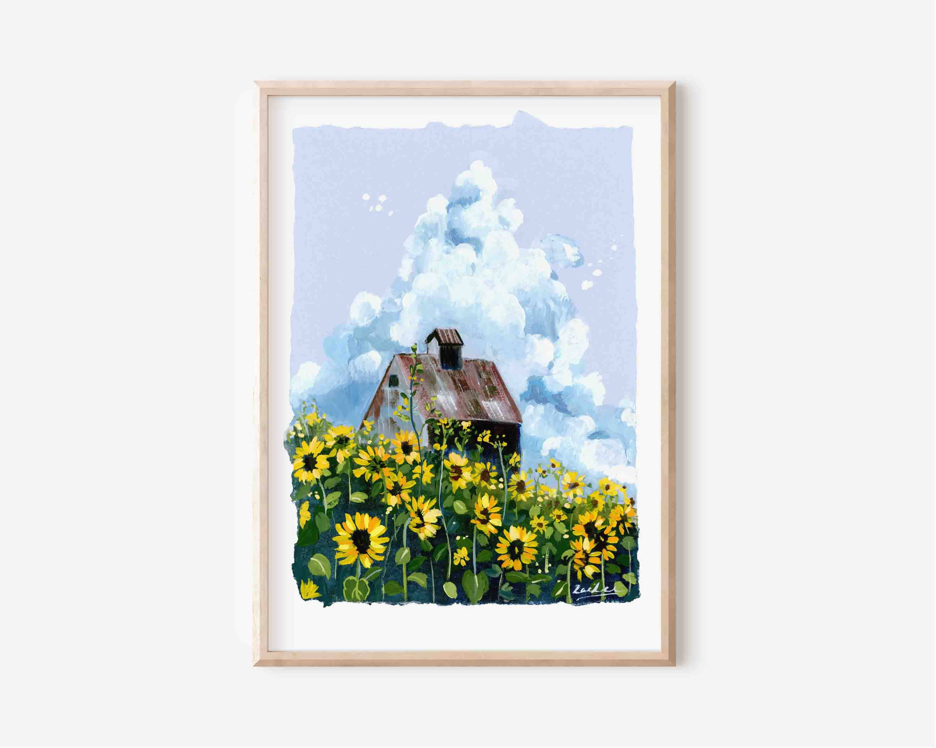 ひまわり畑のアートプリント：心地よい雲の風景イラスト - Etsy 日本