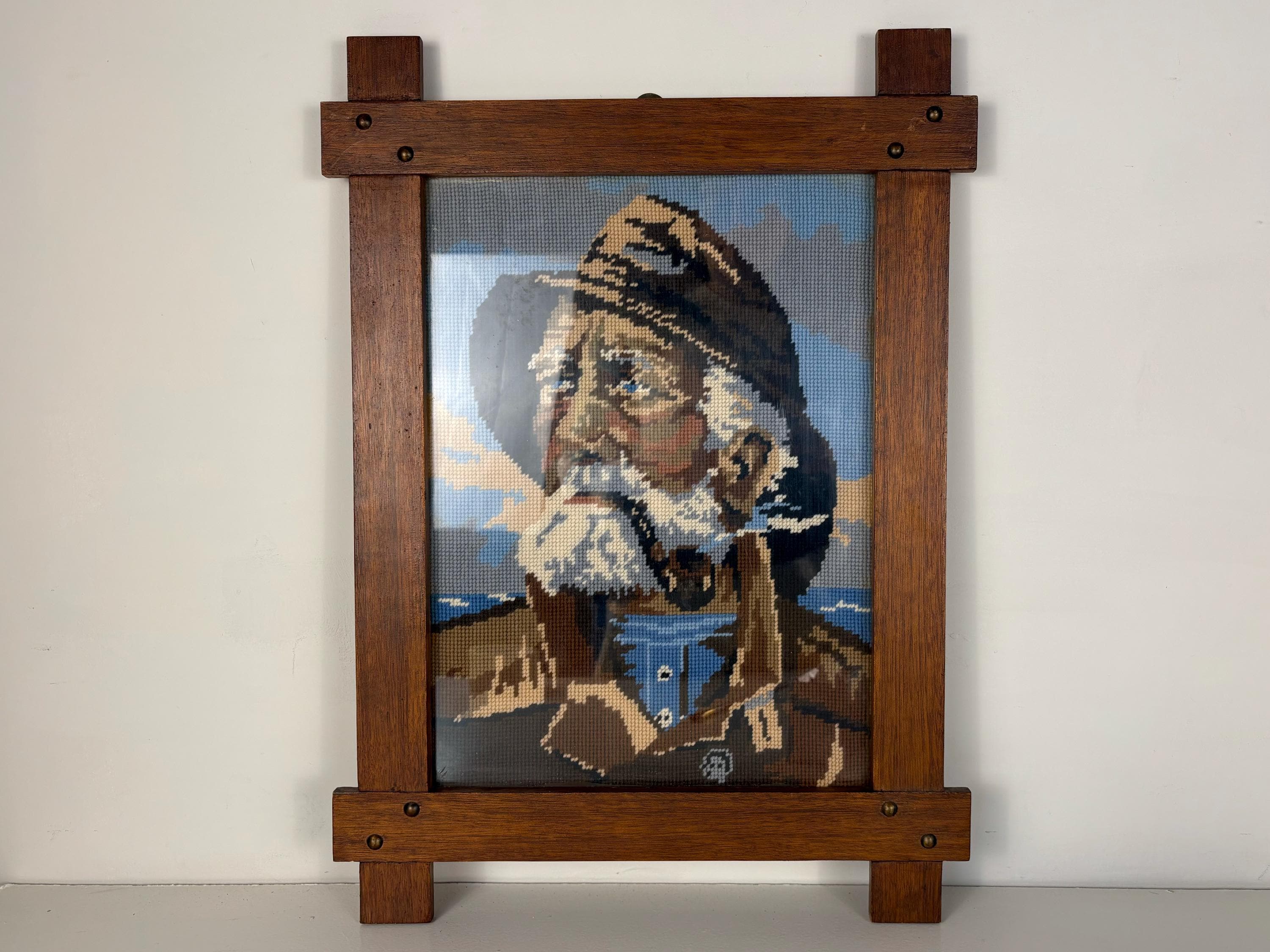 Vintage Embroidery Framed Portrait of Pipe-smoking Fisherman, Mid