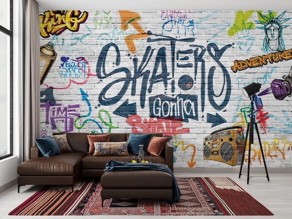 グラフィティレンガ壁画：アーバンスケーターストリートアート壁紙