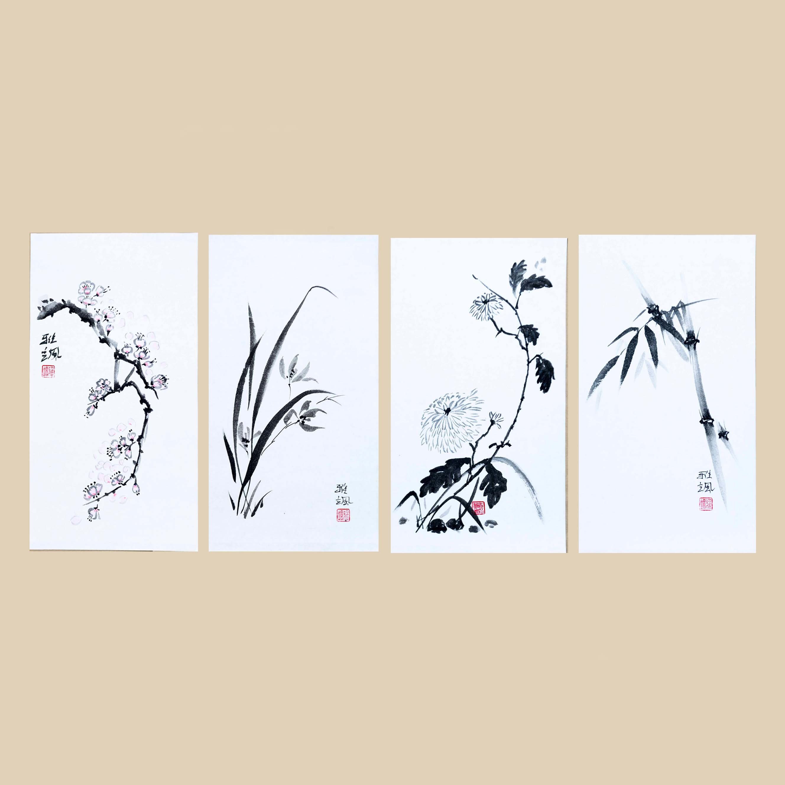 四君子図：中国の墨絵芸術 - 梅、蘭、竹、菊 - Etsy 日本