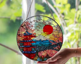 Mount Fuji - Honshu, Japan: Stained Glass Style Window Hanging