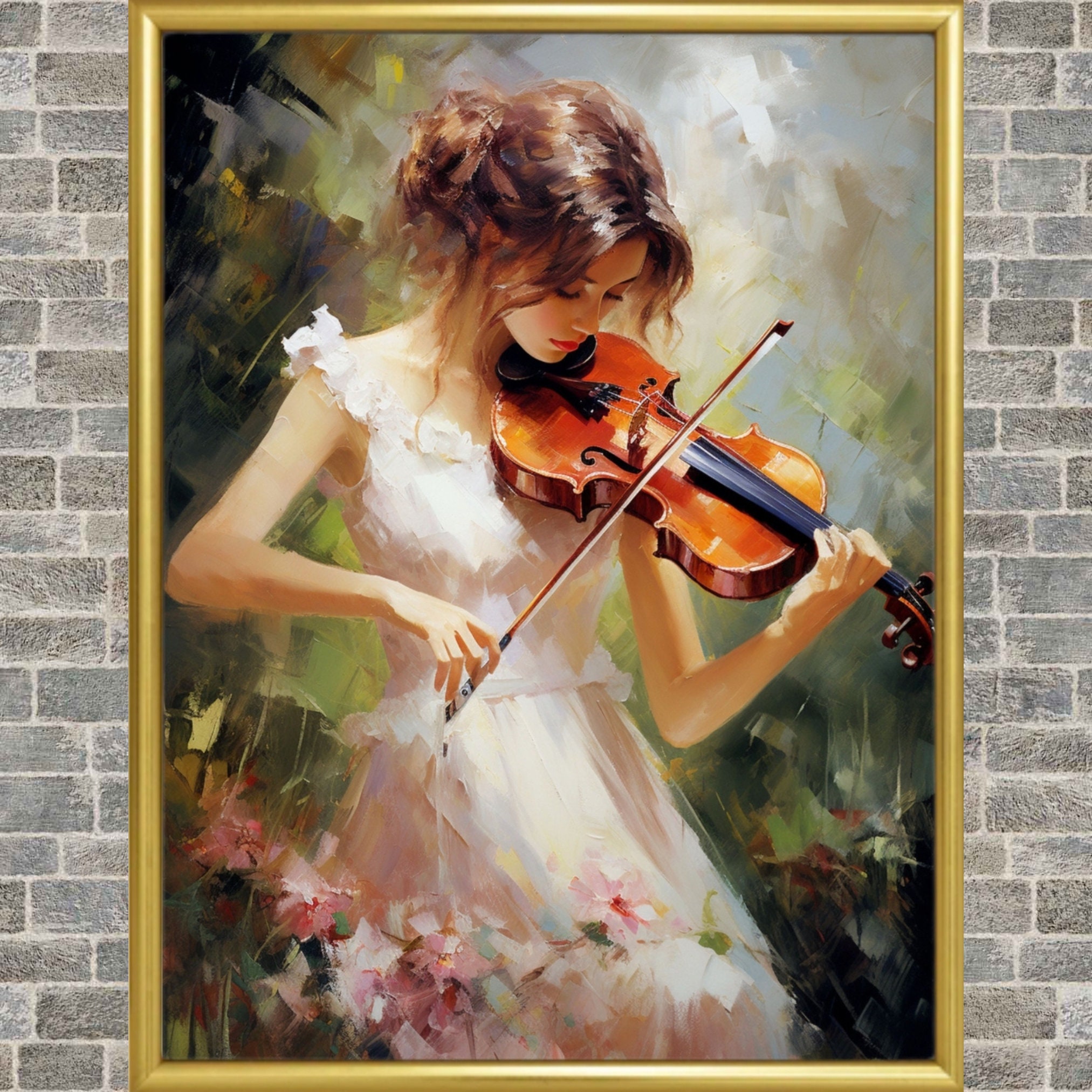 ヴァイオリンを弾く少女の抽象油絵：音楽ウォールアート（デジタル