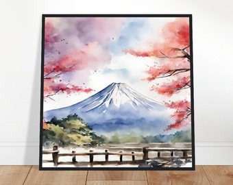 富士山の水彩画：日本の桜のアート（8x6インチ） - Etsy 日本