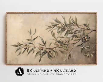 オリーブの枝の絵画 | オリーブの木の植物アート | 落ち着いた色彩