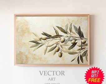 オリーブの枝の絵画 | オリーブの木の植物アート | 落ち着いた色彩