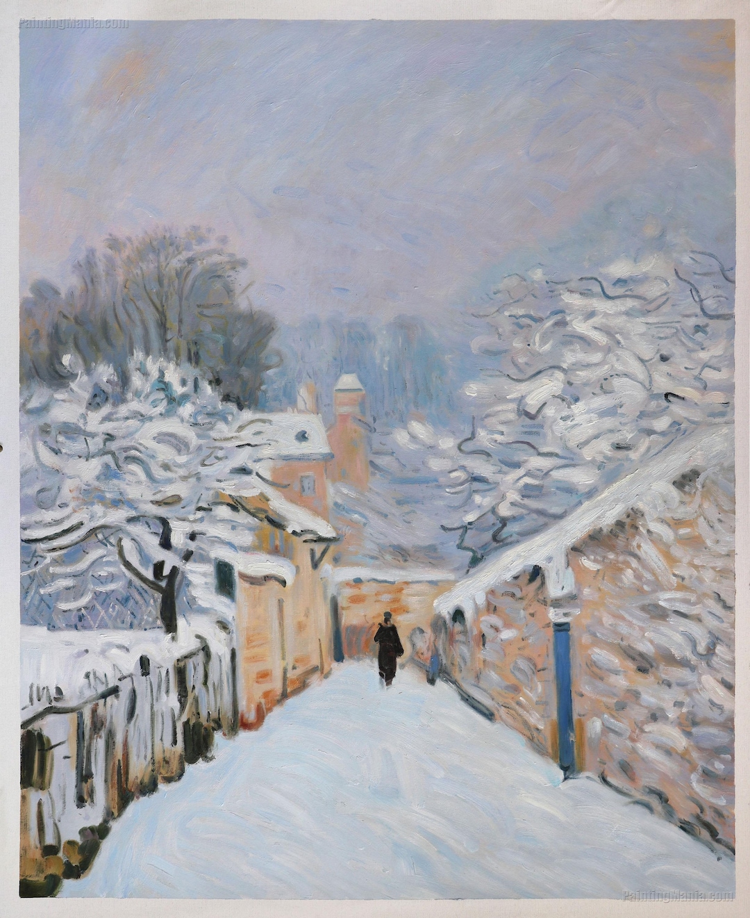 ルーヴシエンヌの雪 - アルフレッド・シスレーの手描き油絵複製、冬の