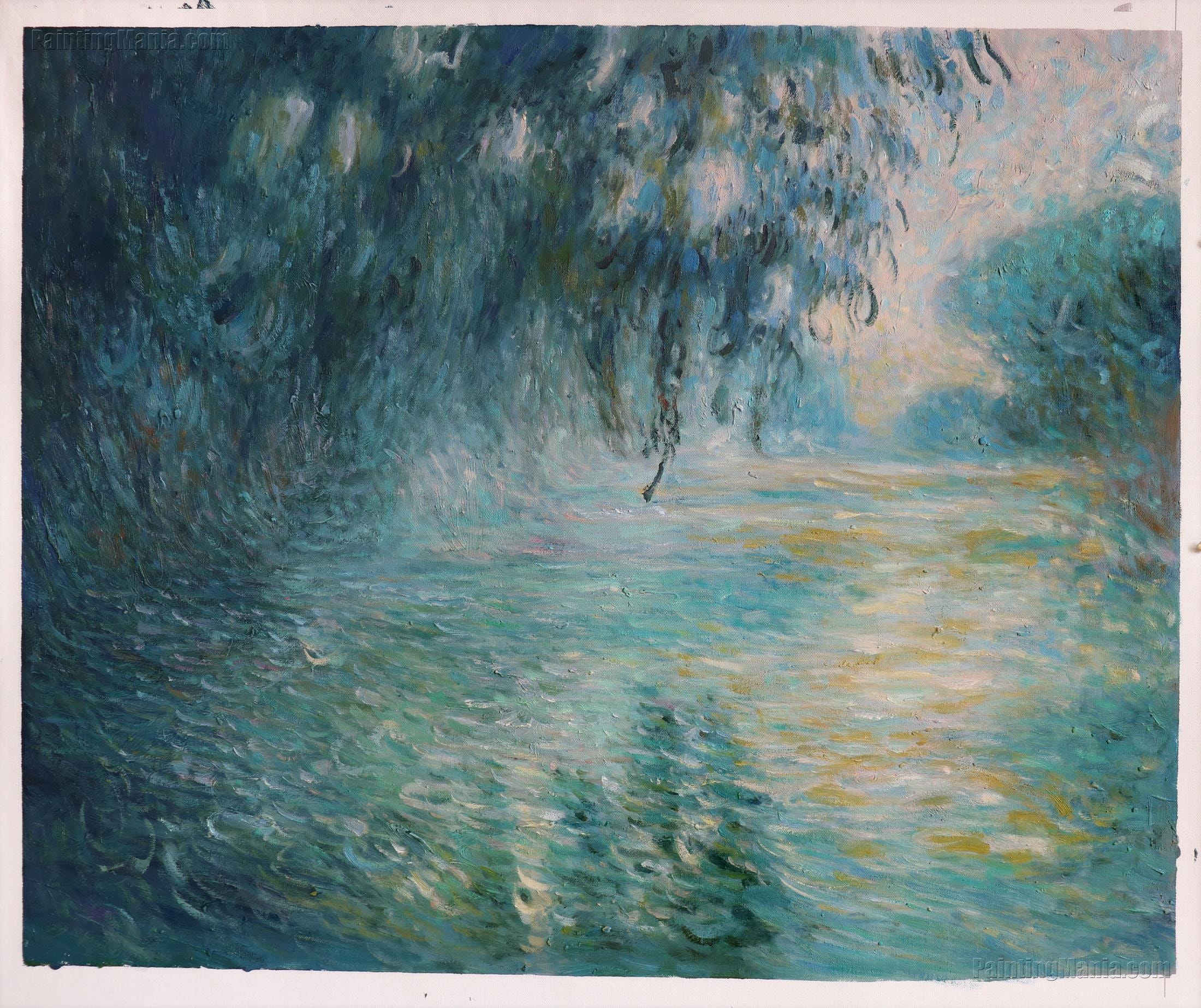 雨のセーヌ川の朝 - クロード・モネの手描き油絵複製、川の風景に映る