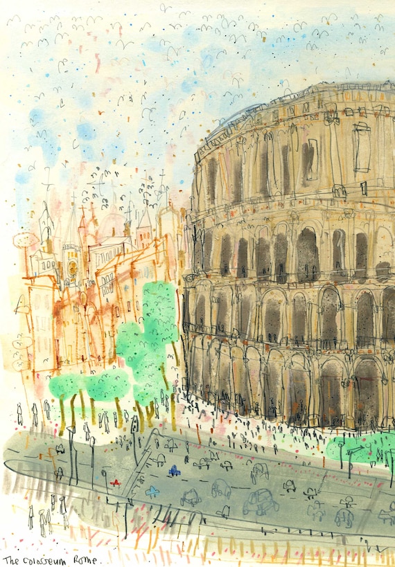 ローマの絵画、コロッセオの絵、イタリアの建築、ローマの壁画、水彩画