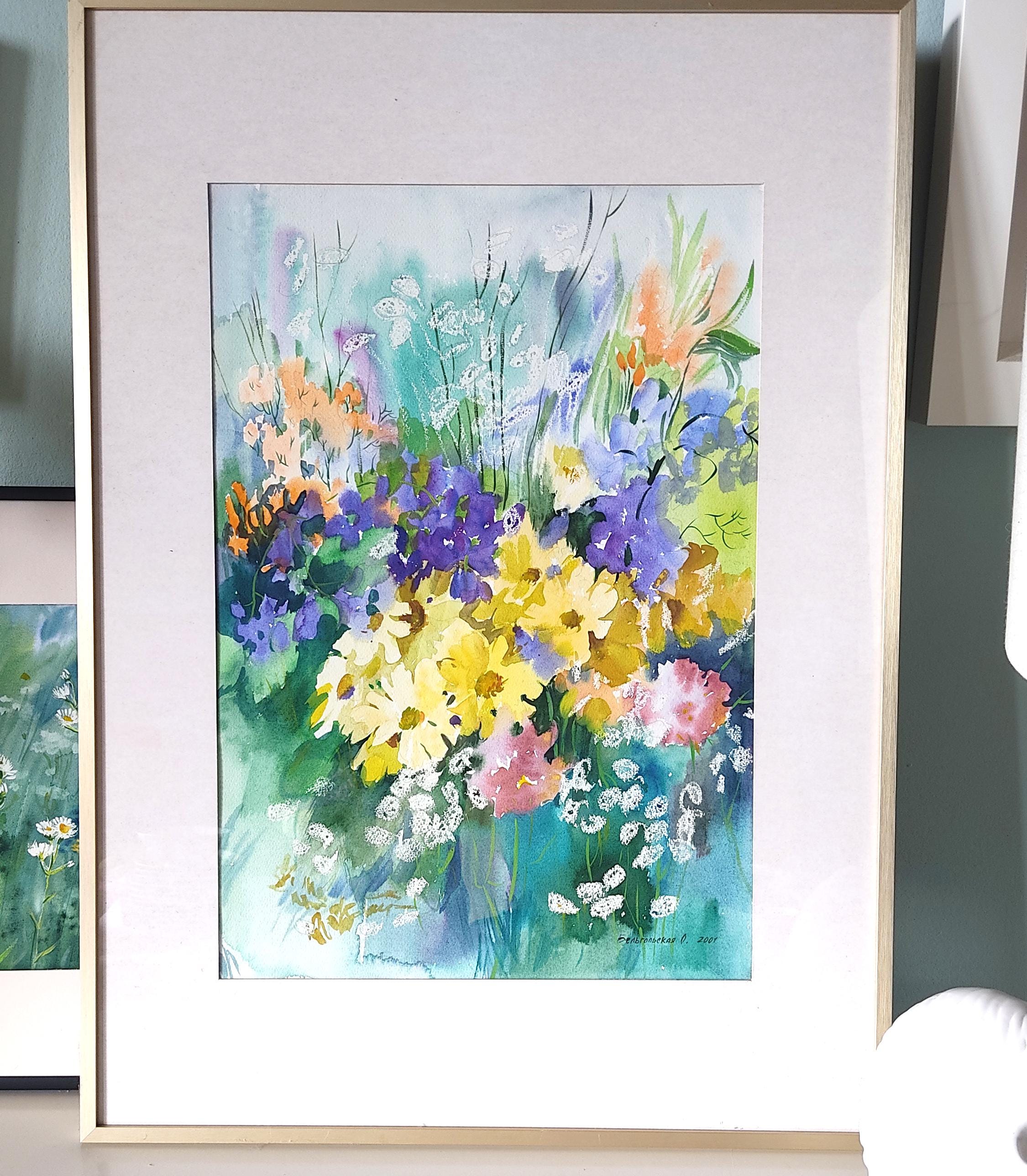 紫色の花の水彩画 19x13 オリジナルアートワーク カラフルな花のアート
