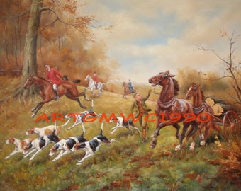 A Hunt in the Foreground – Large Fox Hunting Equestrian Oil
