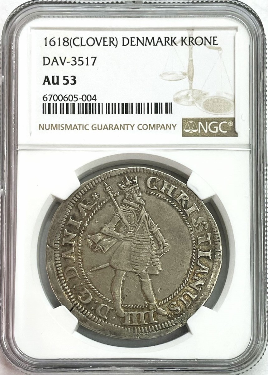 1618 (CLOVER) SILVER DENMARK KRONE CHRISTIAN IV COIN NGC ABOUT UNC
