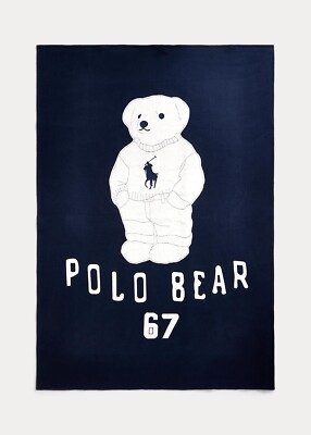 Ralph Lauren Throw Blanket Franklin Polo Bear Navy Blue Cream New