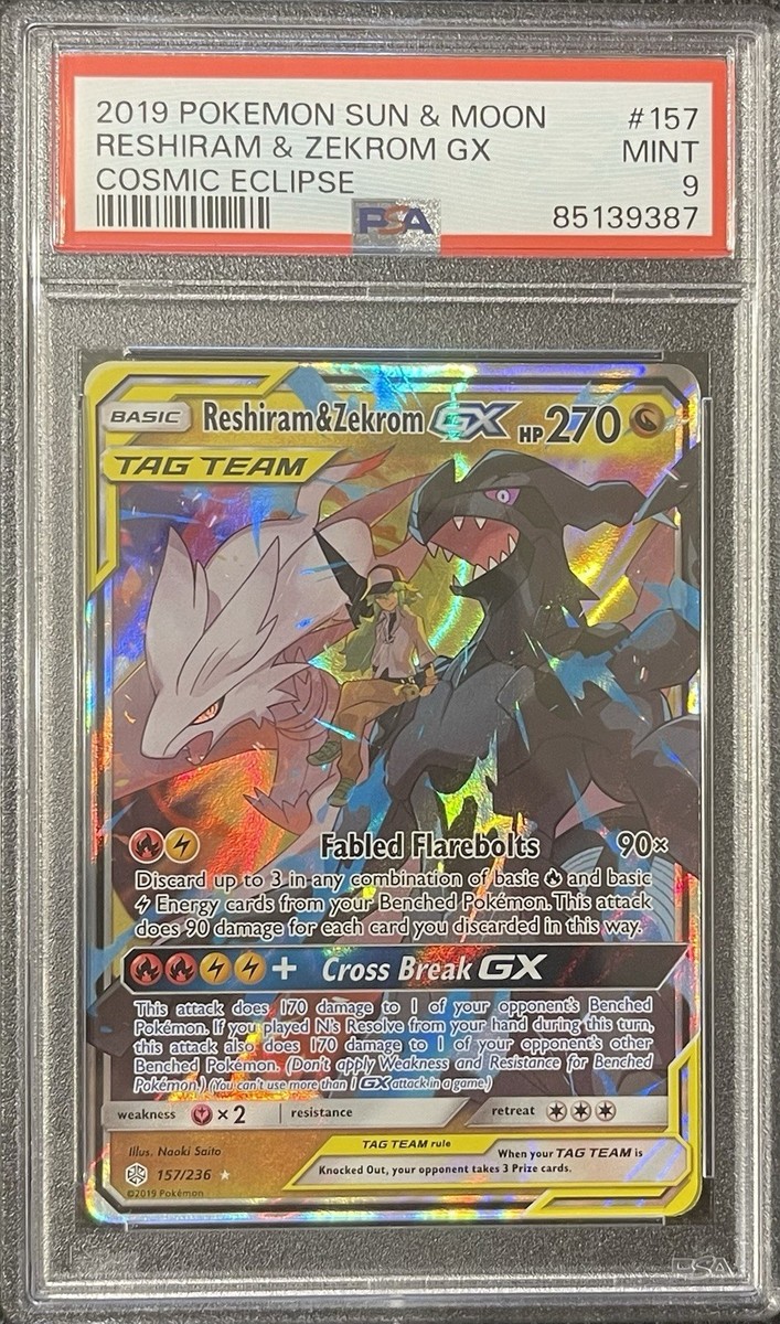 Pokémon PSA 9 Reshiram & Zekrom GX 157/236 Sm-Cosmic Eclipse Holo