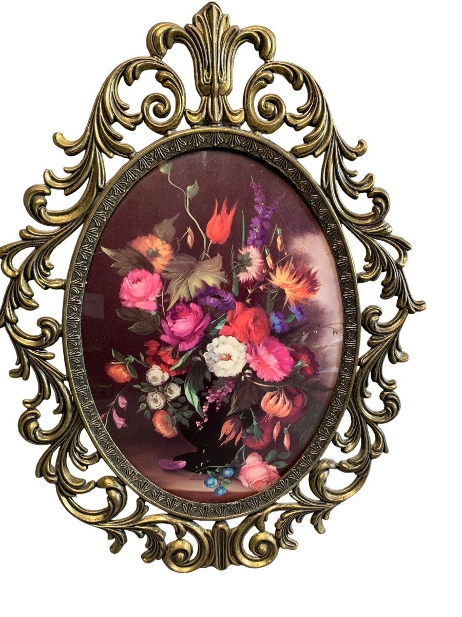 Vintage Brass Oval Ornate Convex Flowers Picture Frame Made in