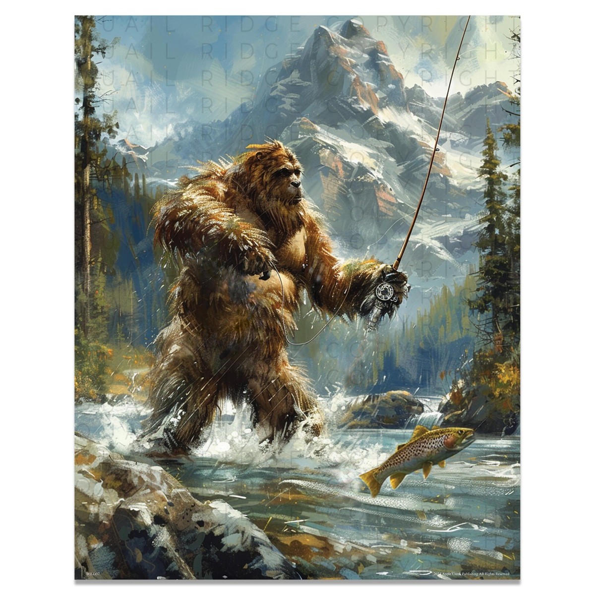 Vintage Sasquatch Bigfoot Art Print Fly Fishing Artwork Fishing
