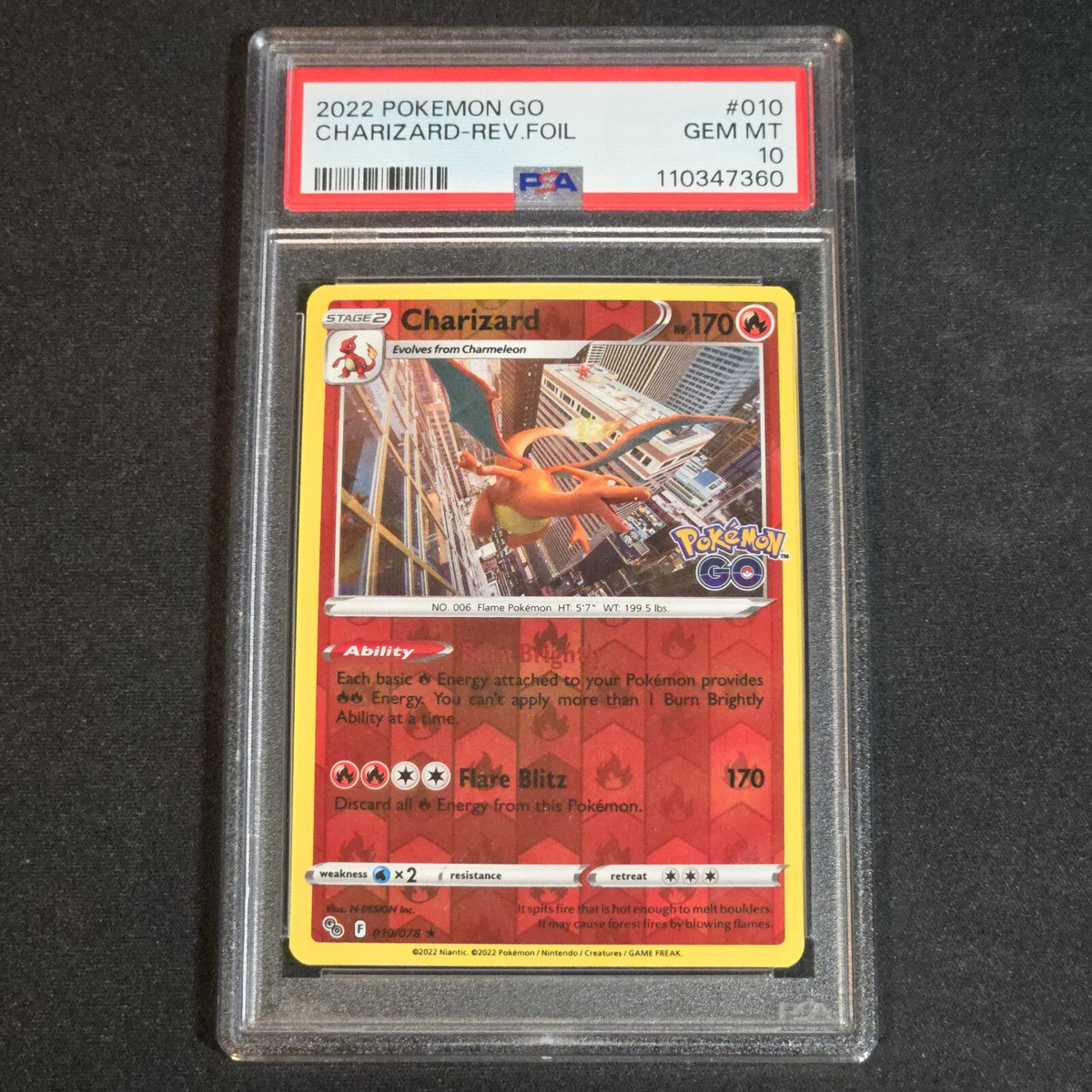PSA 10 GEM MINT Charizard 010/078 Reverse Holo Pokémon Go Pokémon