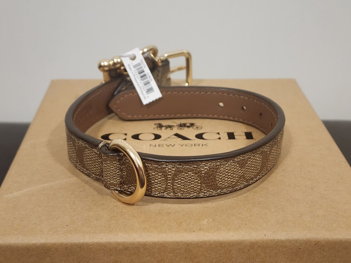 New Rare Coach Dog Collar In Khaki Saddle With Bone Charm Gold