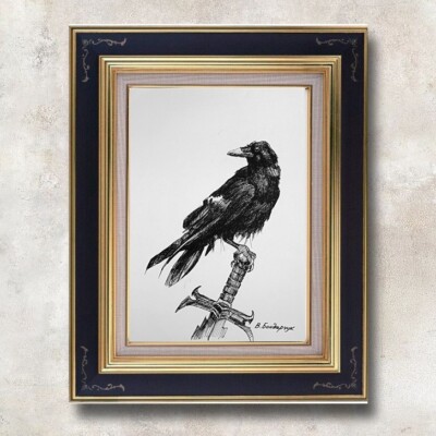 Original drawing with marker. Crow. Minimalist black and white