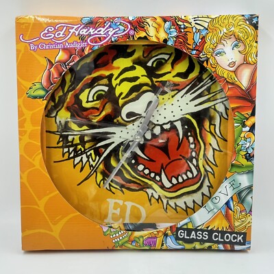 New ED HARDY by Christian Audigier Tiger Glass Wall Clock 14