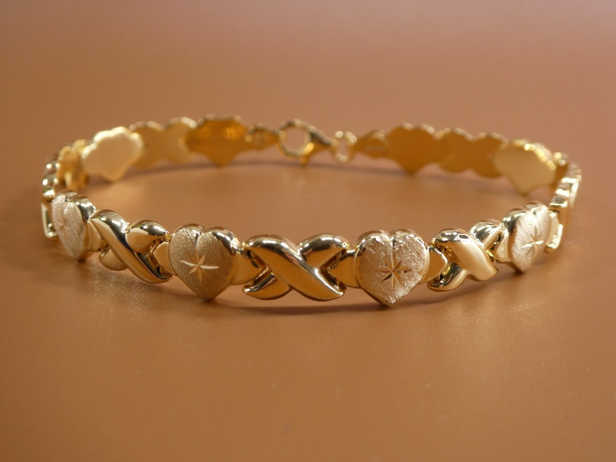 REAL 925 STERLING SILVER XO X HEART BRACELET 14K YELLOW GOLD