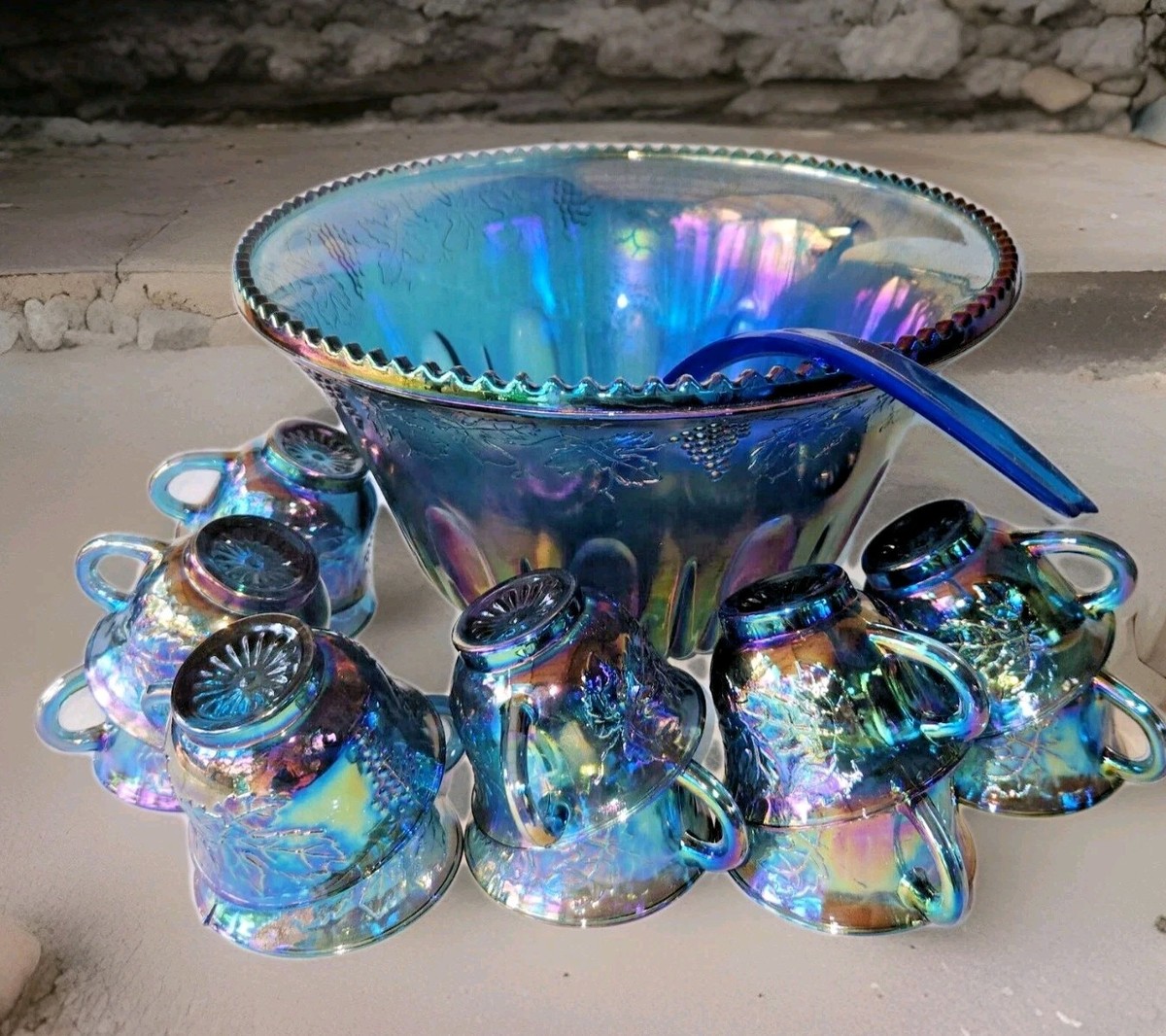 Vintage Indiana Glass Grape Harvest Punch Bowl Set Princess Blue