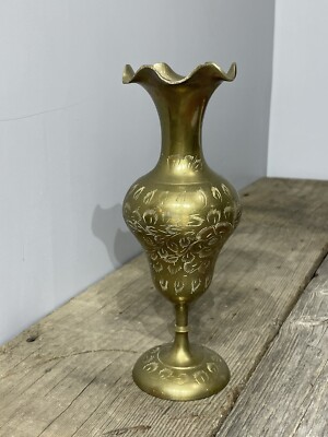 Vintage India Brass Vase Etched Floral Design Ruffled Top Marked