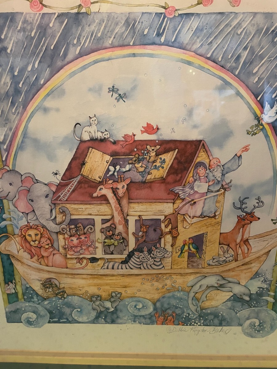 Debbie Kingston Baker Noah's Ark Signed Large White Frame