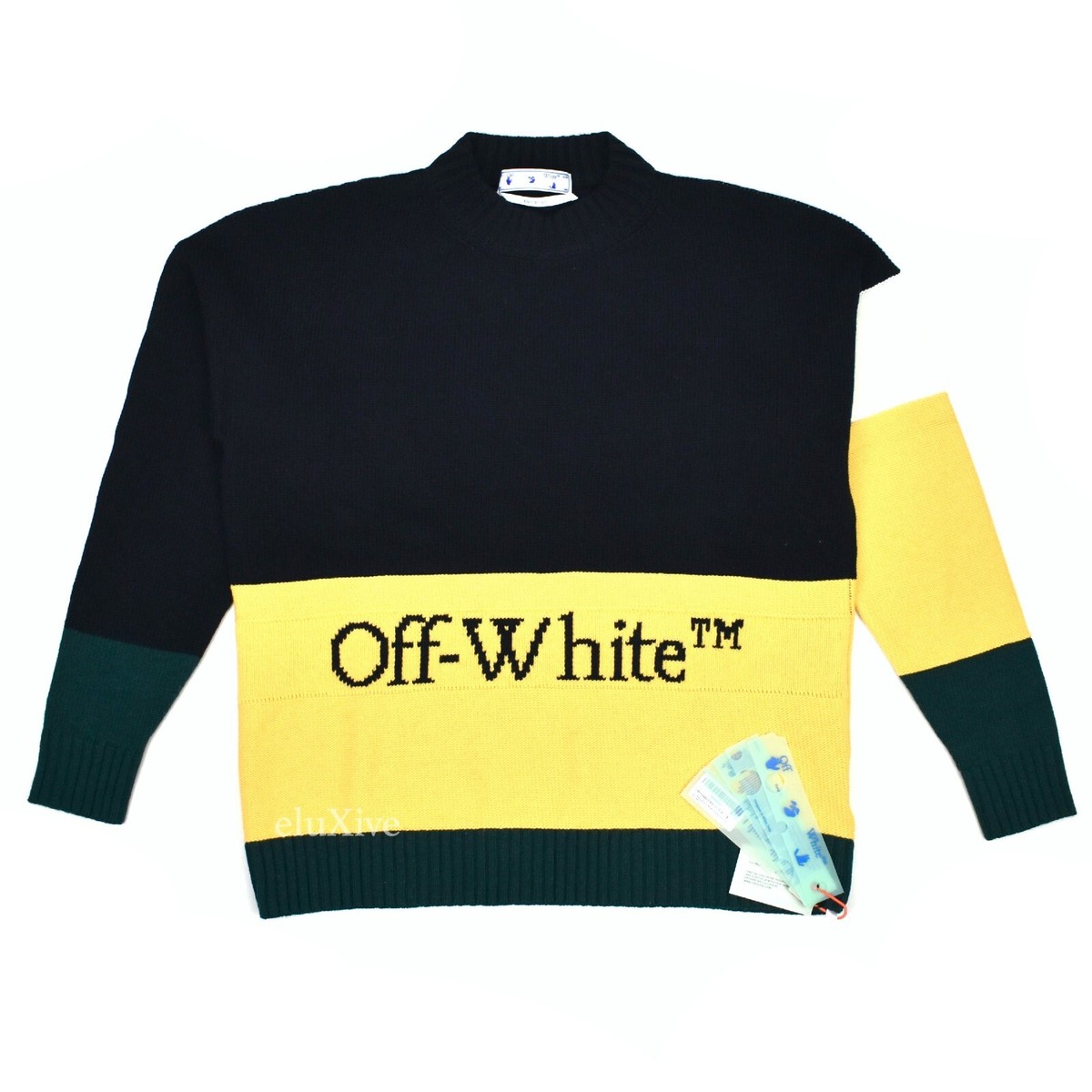 NWT $850 Off-White Color Block Logo Knit Sweater Black Yellow