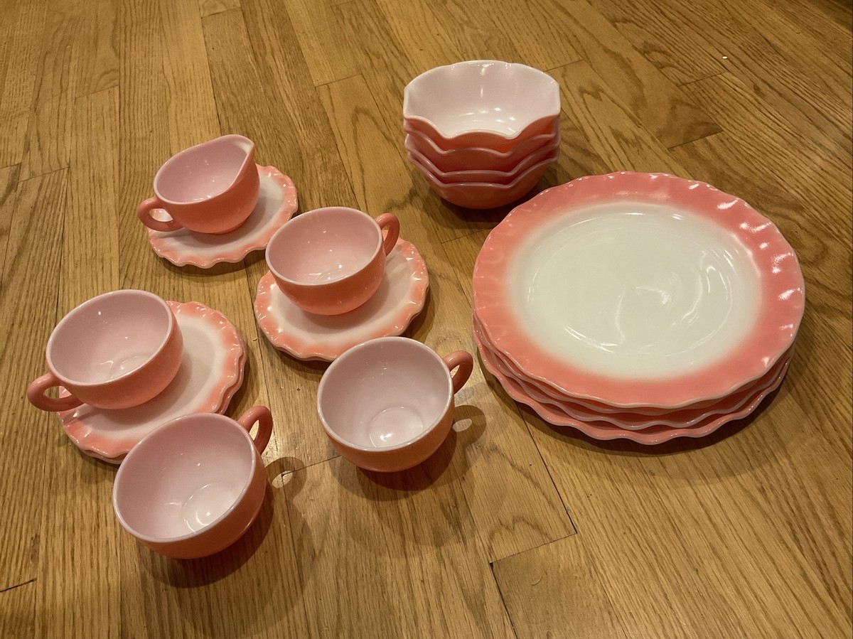 18 PC Vintage Hazel Atlas Pink & White Crinoline Ripple Milk Glass