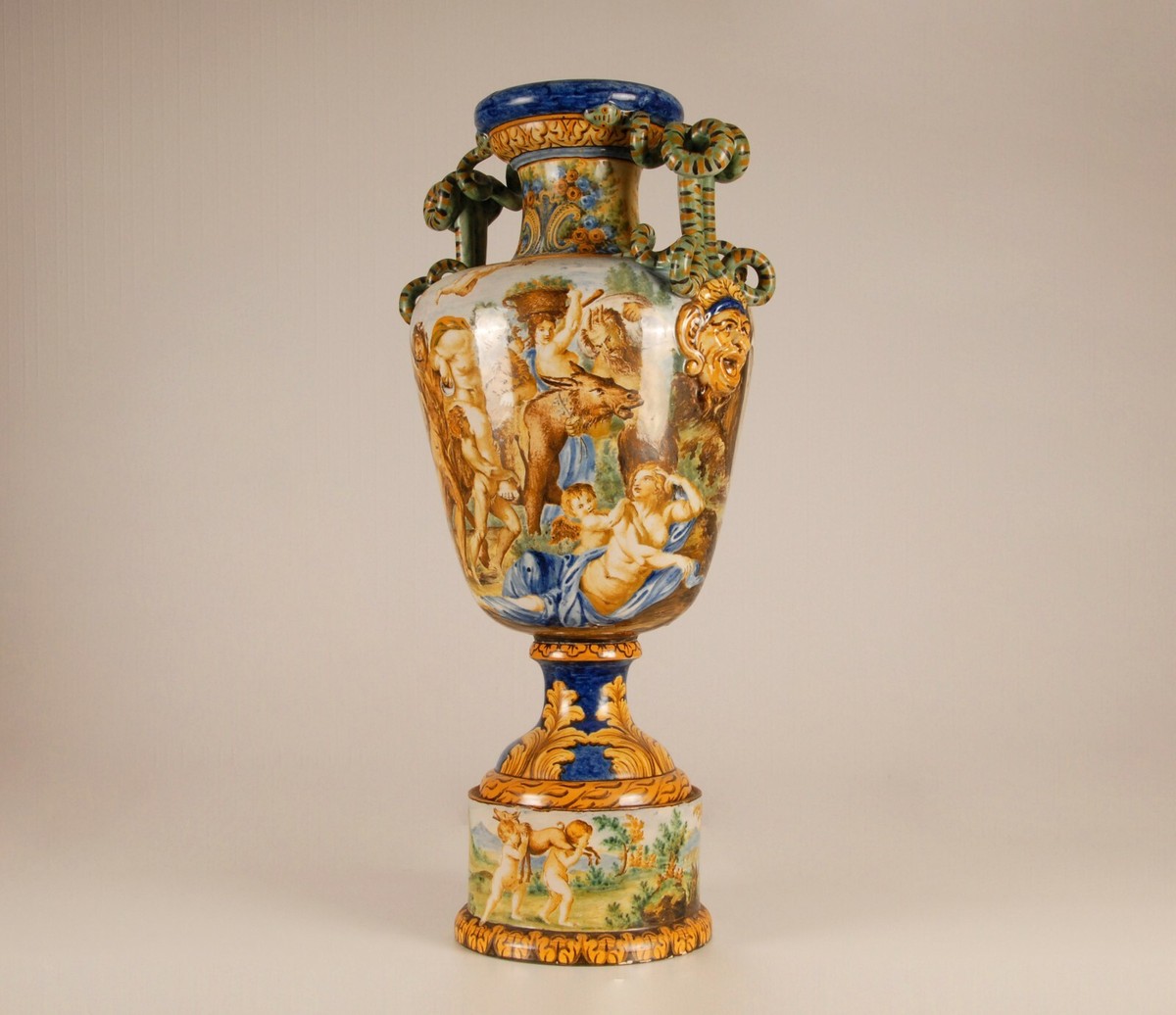 Italian majolica renaissance vase serpentine handles Mythological