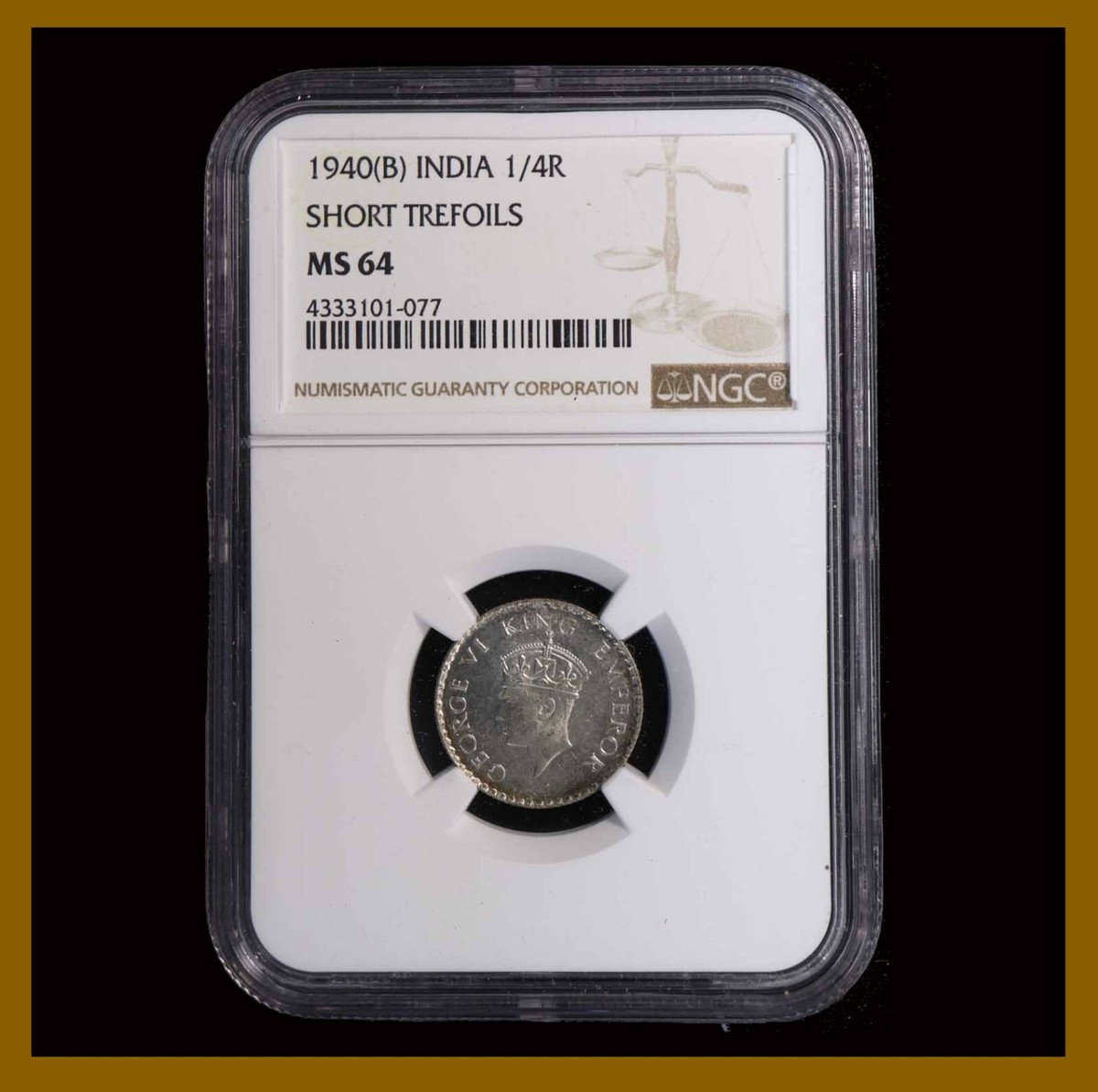 British India 1/4 Rupee, 1940 (B) Bombay Short Trefoils NGC MS 64