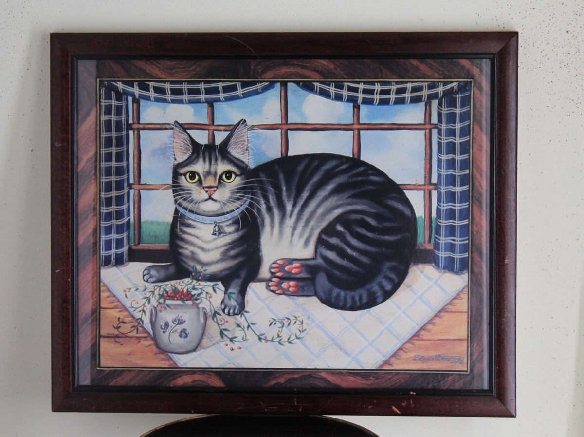 D.Lacey-Derstine Charming Folk Art Primitive Framed Cat Sitting