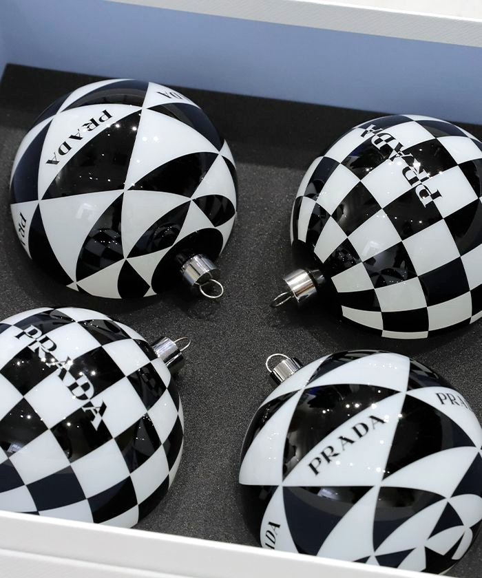 PRADA Bianco/Nero Logo Christmas Tree Glass Ball Ornaments Set of