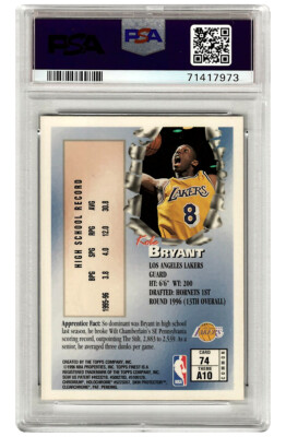 KOBE BRYANT 1996 TOPPS Finest RC 74 Rookie Signed PSA Mint 9 AUTO